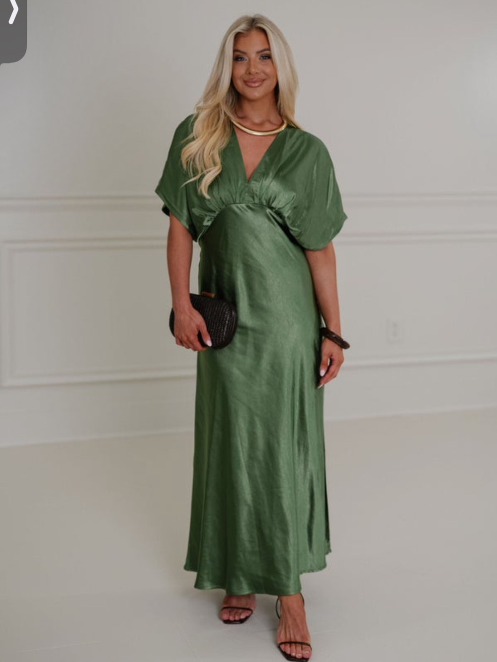 These Three Satin Olive Green V-Neck Maxi Dress